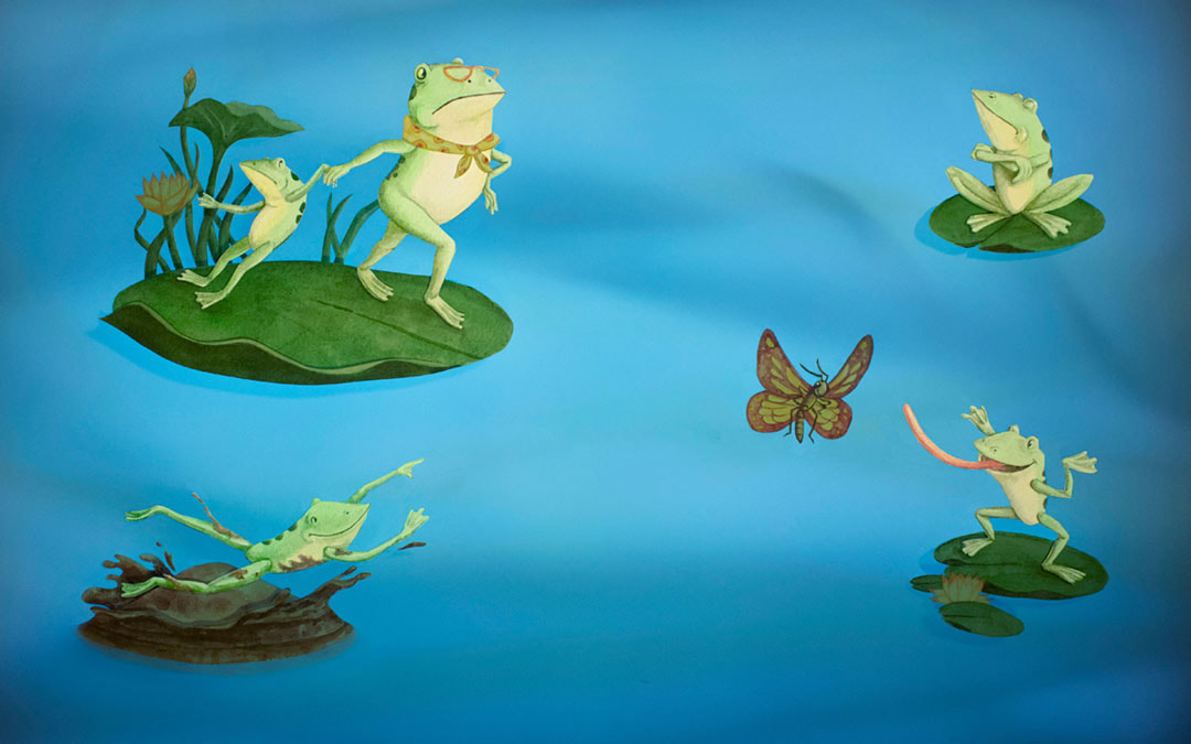 Korean folktale about a little green frog that never listens to his mother. Vingette illustrations in cut paper on light pad by Nancy So Miller illustrator.