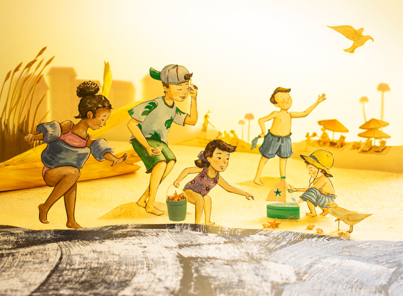 Diverse race of children on the beach playing and collecting seashells on Tybee Island, GA in cut paper by Nancy So Miller children's book author and illustrator.