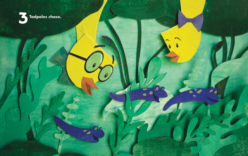 Waddle and Count book cover author Heather Tietz and Nancy So Miller illustrator in cut paper. Brother and Sister duck their heads under water to count tadpoles.