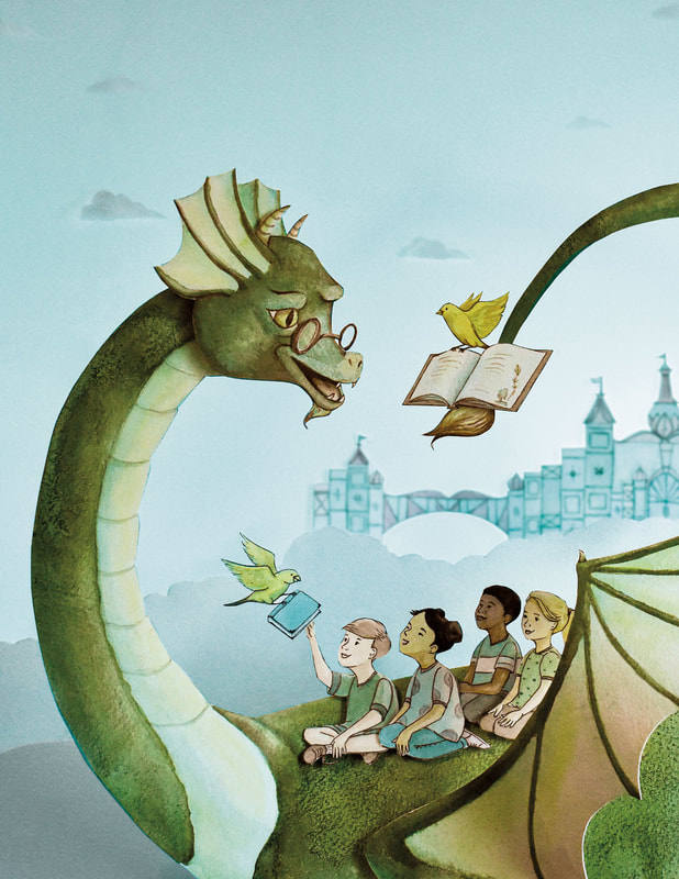 Library Dragon in sky with children being read to at story time by Nancy So Miller Illustrator