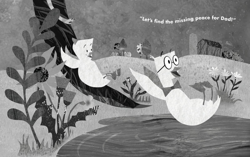Waddle and Count book cover author Heather Tietz and Nancy So Miller illustrator in cut paper. Black and white illustration digital collage of Brother and Sister sliding down a blade of grass.
