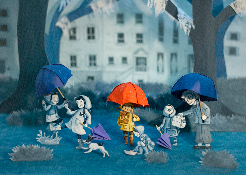 Asian American children on a rainy day with their umbrellas one boy is sad about going to school with orange umbrella Savannah, GA. By Nancy So Miller children's book author and illustrator made of cut paper.